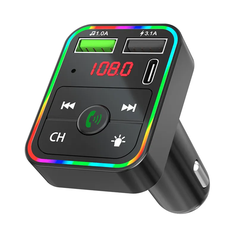 F2 LED Car FM Transmitter Bluetooth-Compatible 5.0 MP3 Audio TF / U Disk Player Handsfree Car Kit Adapter PD Type-c Fast Charger retail package