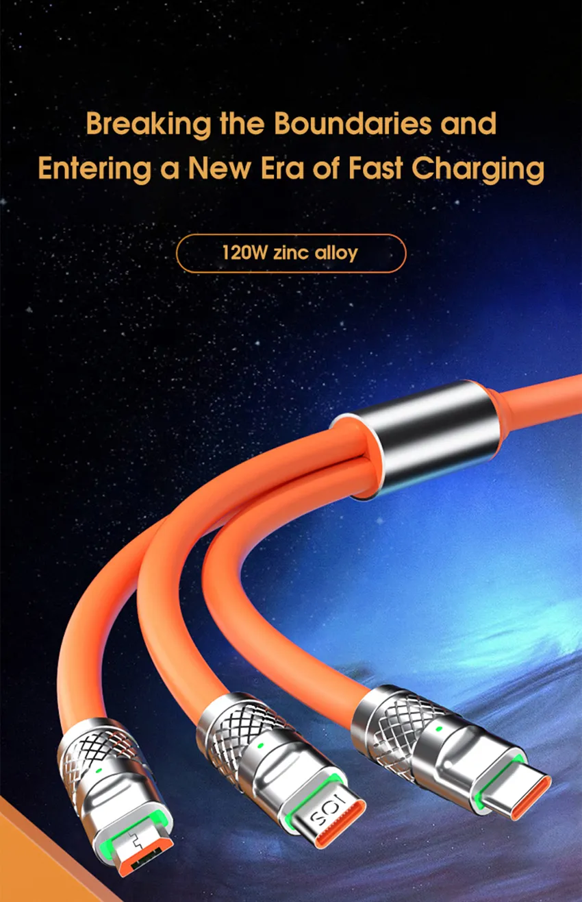 3 In 1 Fast Charging Cable 6A 120W Metal Liquid Silicone Type-C Micro-USB Data Charger Cable 1.2M Line For iPhone Android