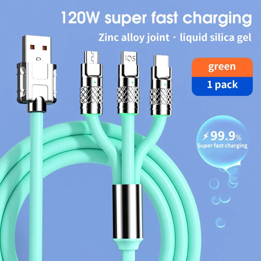 3 In 1 Fast Charging Cable 6A 120W Metal Liquid Silicone Type-C Micro-USB Data Charger Cable 1.2M Line For iPhone Android