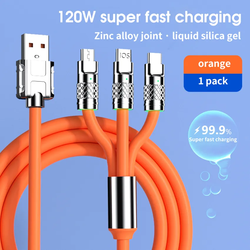 3 In 1 Fast Charging Cable 6A 120W Metal Liquid Silicone Type-C Micro-USB Data Charger Cable 1.2M Line For iPhone Android