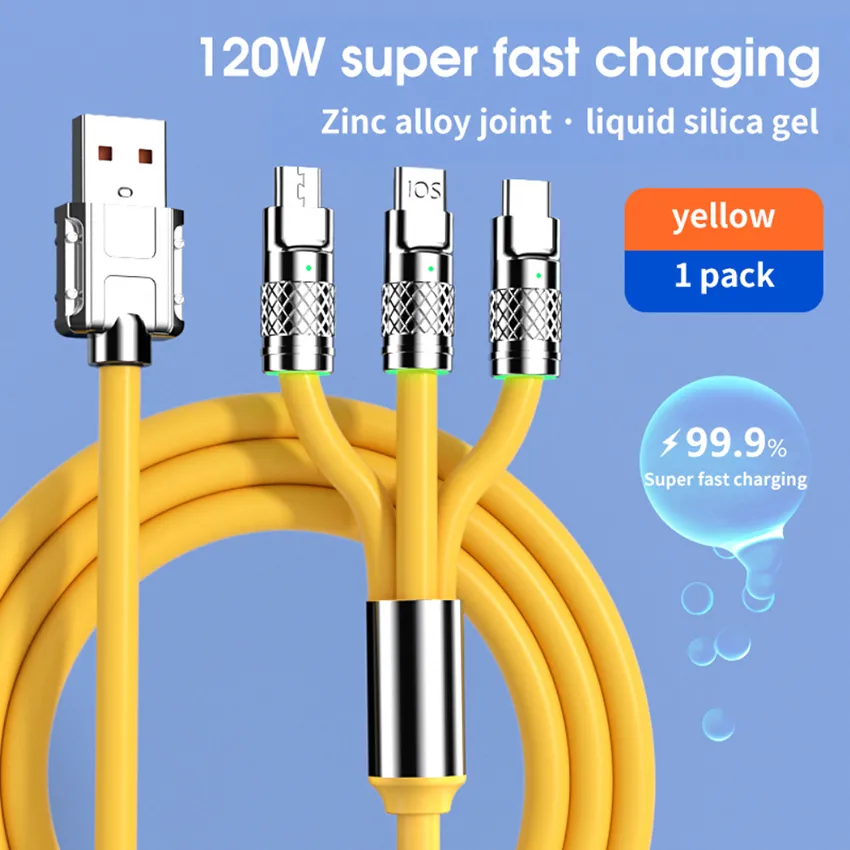 3 In 1 Fast Charging Cable 6A 120W Metal Liquid Silicone Type-C Micro-USB Data Charger Cable 1.2M Line For iPhone Android