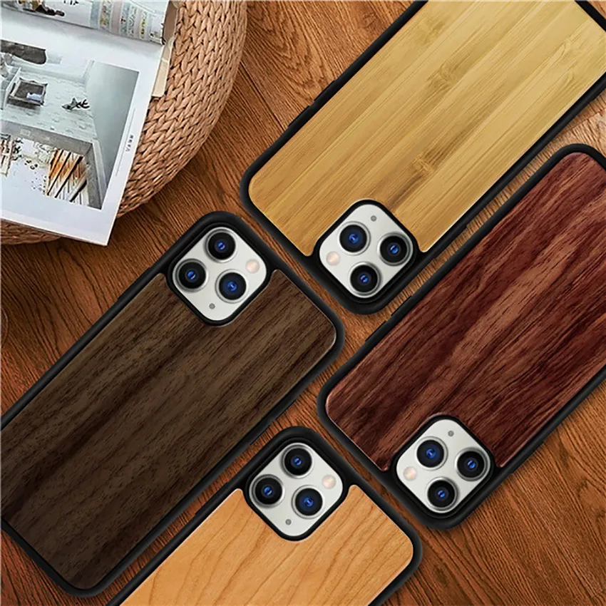 Wood Cell Phone Cover Cases Real Bamboo Wooden Case Back Cover Shell With TPU Shock-proof For Iphone 15 14 13 12 11 Pro