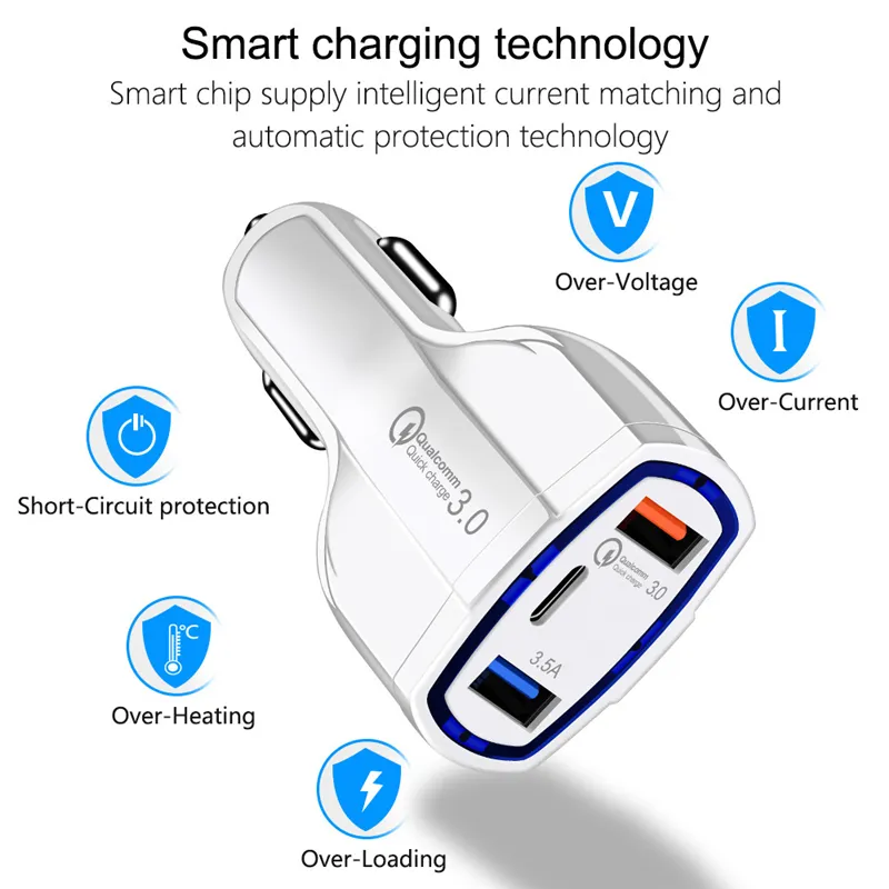 35W 7A 3 Ports Car Charger PD Type C And USB Adapter QC3.0 With Qualcomm Quick Charge 3.0 Technology For Mobile Phone GPS Power Bank Tablet P Factory Sale