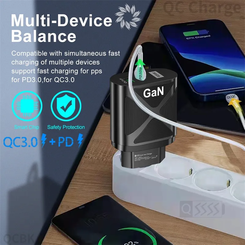 65W GaN Fast Charge Adapter for Laptop Air Pro Type C PD Quick Charger for iPhone 14 13 Huawei Xiaomi USB GaN Chargers universal travel adapter US EU UK AU Plug with box