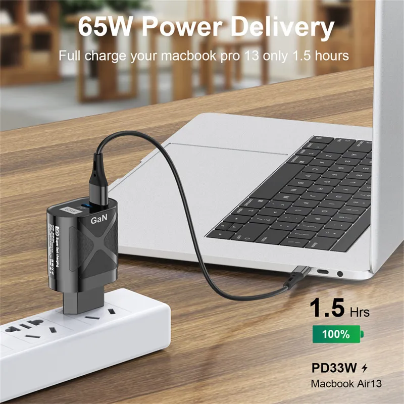 65W GaN Fast Charge Adapter for Laptop Air Pro Type C PD Quick Charger for iPhone 14 13 Huawei Xiaomi USB GaN Chargers universal travel adapter US EU UK AU Plug with box