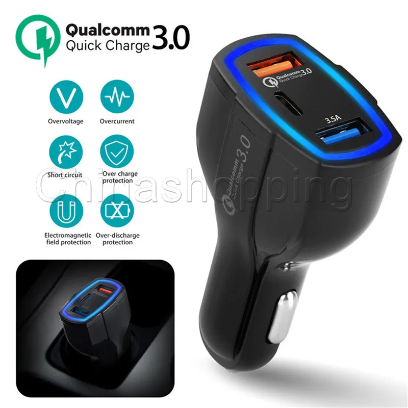 35W 7A 3 Ports Car Chargers QC 3.0 Type C And USB Quick Charger With Qualcomm 3.0 Technology For Mobile Phone GPS Power Bank Tablet Pad