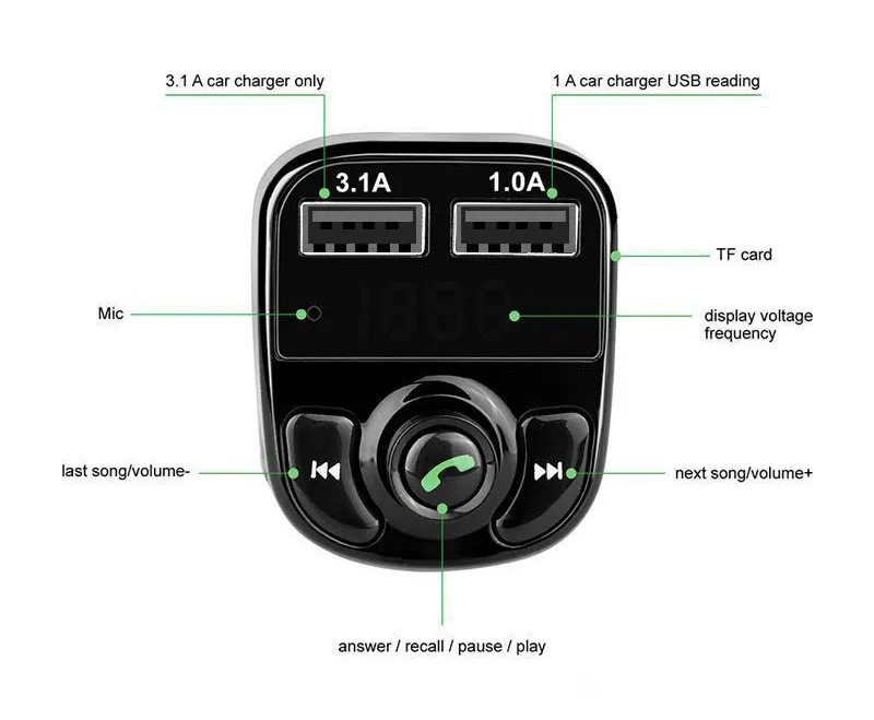 818D 500D X8 FM Transmitter Aux Modulator Bluetooth Handsfree Car Kit Car Audio MP3 Player with 3.1A Quick Charge Dual USB Car Charger Accessorie FMA