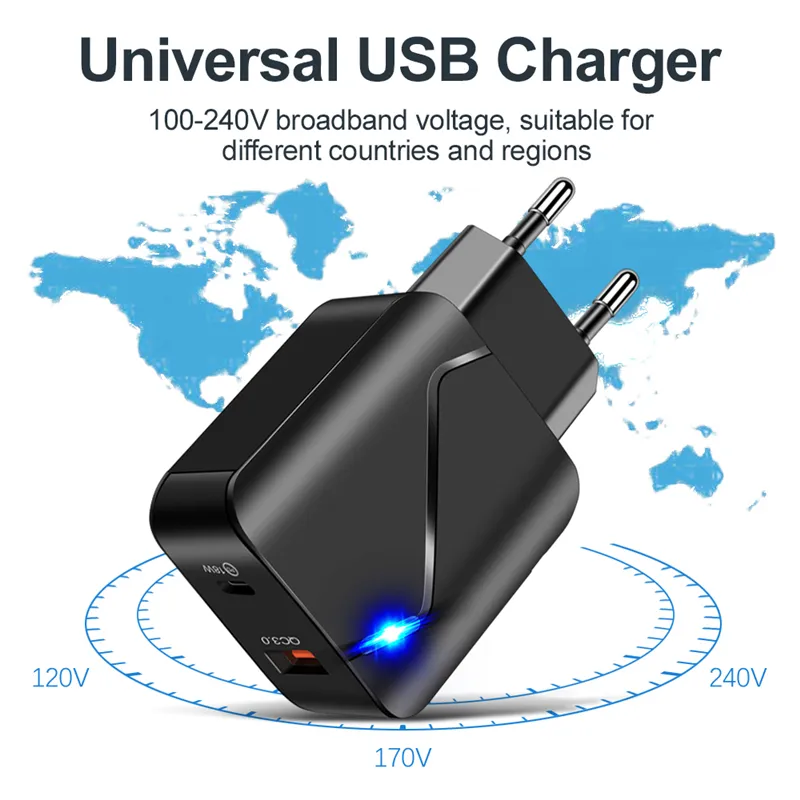 LED Type-C 20W PD And QC 3.0 Fast Charger US EU UK Plug for Mobile Cellphone Universal Wall Adapter With Retail Package