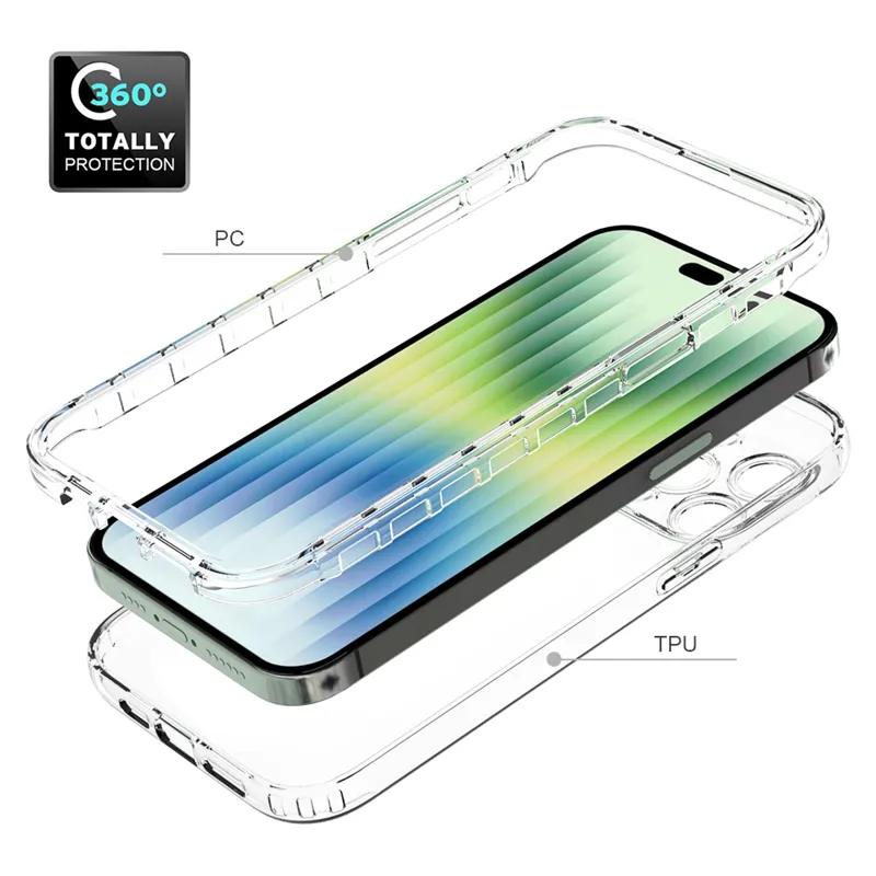 360 Full Body Phone Cases for iPhone 14 Pro Max 14 Plus Gradient Color Hard PC Bumper Soft TPU Back Clear Cellphone Case