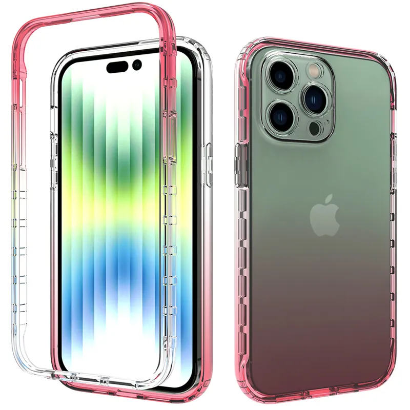 360 Full Body Phone Cases for iPhone 14 Pro Max 14 Plus Gradient Color Hard PC Bumper Soft TPU Back Clear Cellphone Case